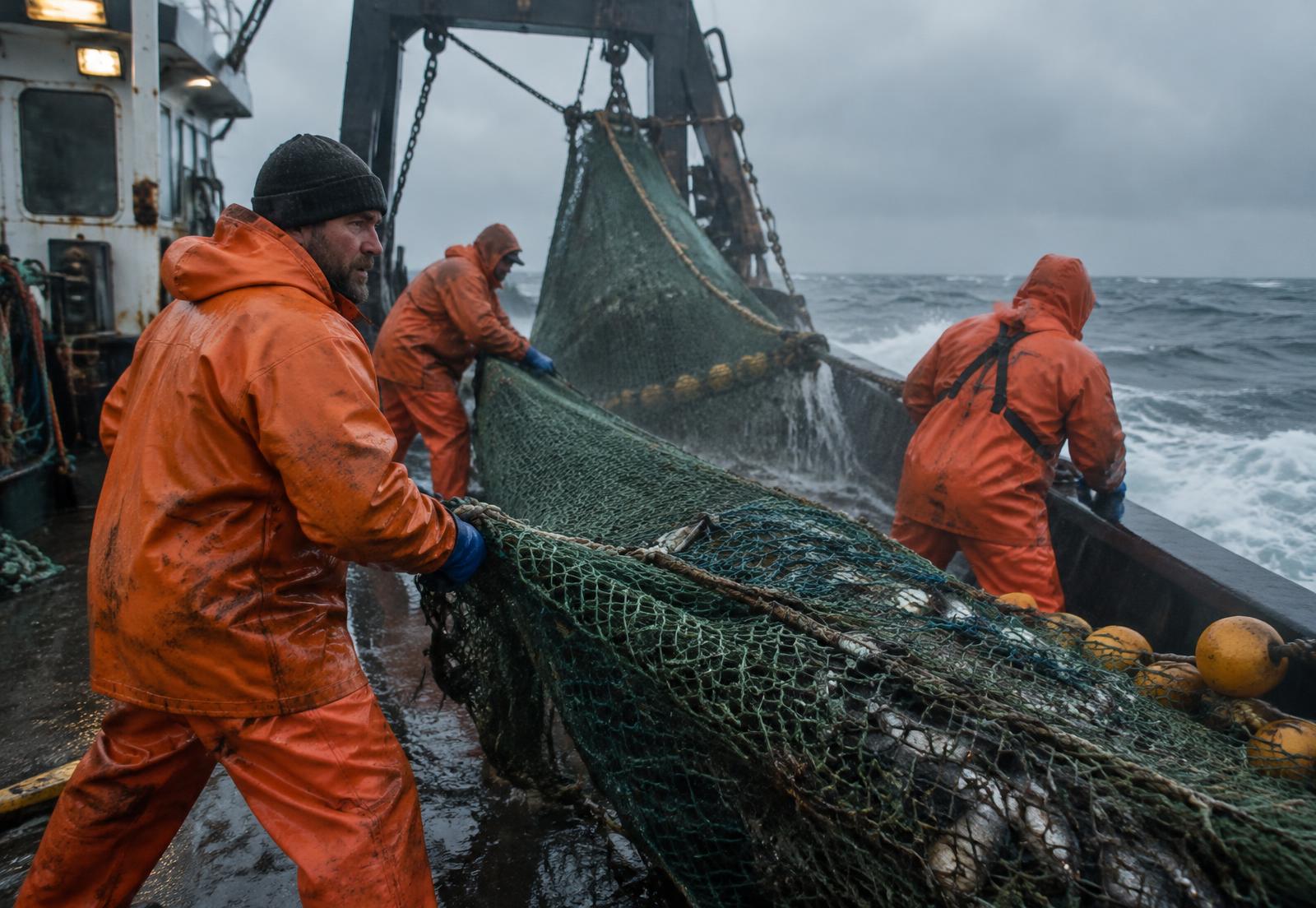 Crew hauling a trawl on deck