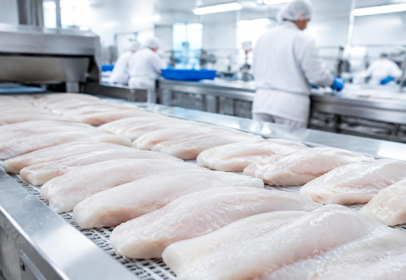 White fish fillets on a processing line
